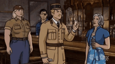 a group of cartoon characters are standing in a bar and one of them is wearing a military uniform