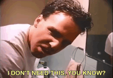 a man is looking at himself in a bathroom mirror and says i don t need this , you know .
