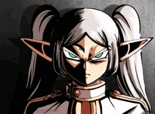 a drawing of a girl with pigtails and elf ears with a serious look on her face .