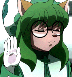 a cartoon character with green hair and glasses holds up her hand