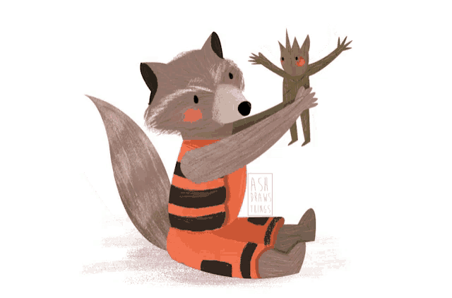 a drawing of a raccoon holding a smaller raccoon with ask frank films written on the bottom right