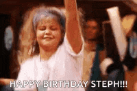 a young girl is dancing with her arms in the air and says `` happy birthday steph ! ''