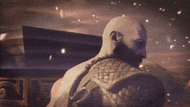 a bald man with a beard is holding a sword in a video game scene