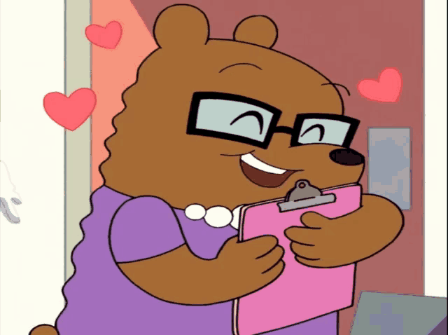 a cartoon bear with glasses is holding a clipboard and smiling
