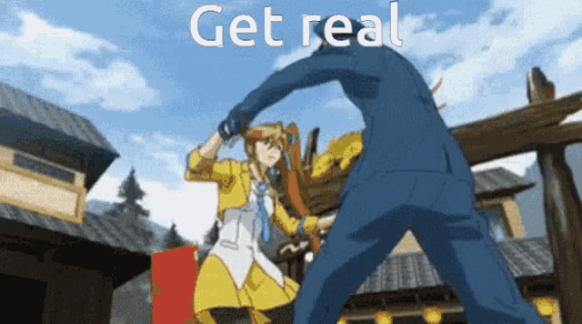 a cartoon of a man and a woman fighting with the words get real in the background