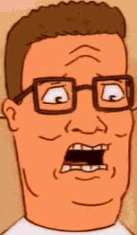 a close up of a cartoon character with glasses and a surprised look on his face