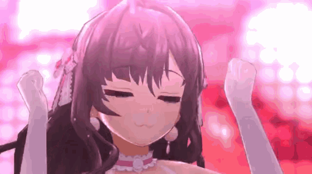 a girl with purple hair and white gloves is smiling with her eyes closed .