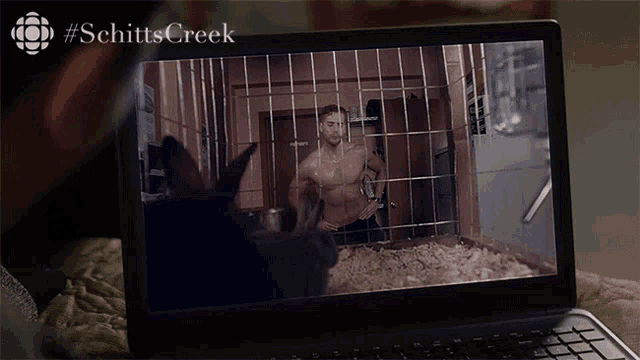 a laptop screen shows a man in a cage with #schittscreek written above him