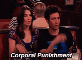 a man and a woman are sitting at a table with the words corporal punishment written on the bottom