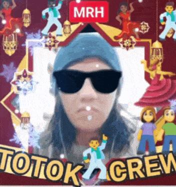 a woman wearing sunglasses and a hat is in a frame that says totoka crew on it