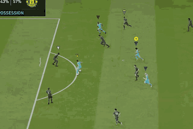 a soccer game is being played with a score of 57 to united