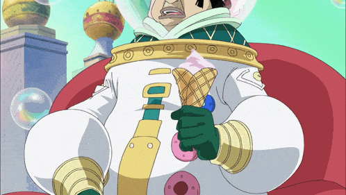 a cartoon character is holding an ice cream cone with the letter o on it