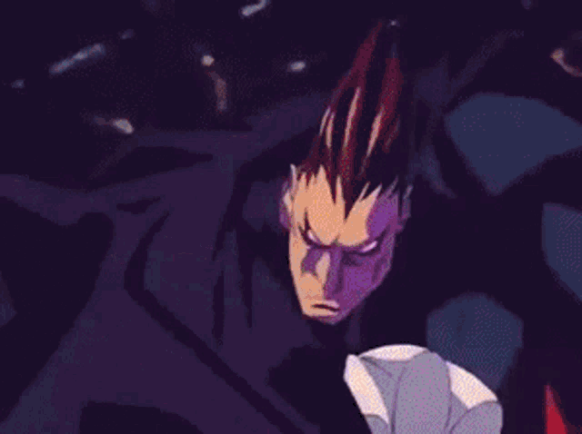 a cartoon character is holding a sword in a dark room with a purple background .