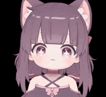 a cartoon girl with purple hair and cat ears is wearing a black dress