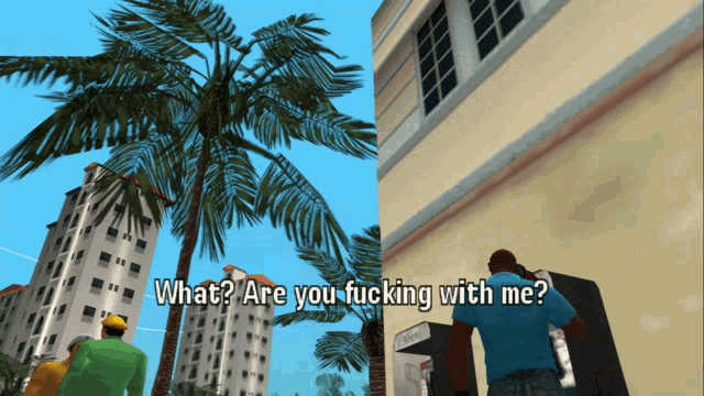 a screenshot of a video game with the words " what are you fucking with me " at the bottom