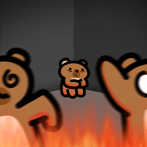 a cartoon drawing of a teddy bear surrounded by fire