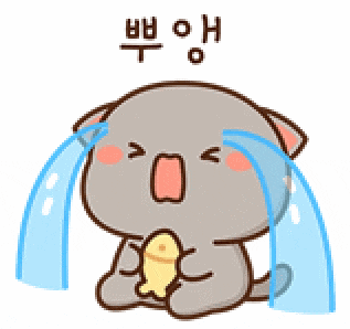 a cartoon cat is crying while holding a fish in its paws .