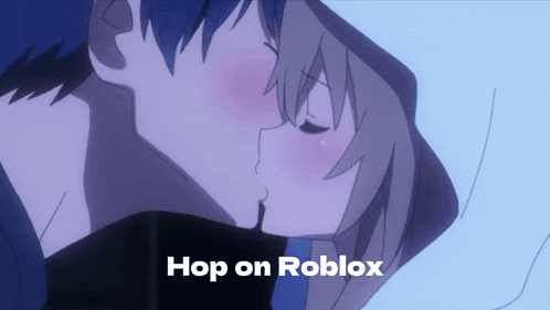 a picture of a boy and girl kissing with the words hop on roblox above them