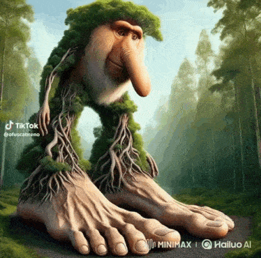 a cartoon of a troll with a long nose and feet made of trees
