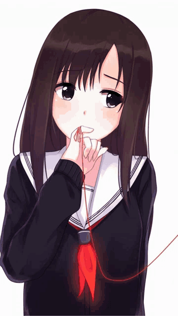 a girl with a red string tied around her neck
