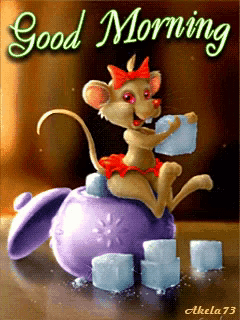 a cartoon mouse is sitting on top of a purple pot of sugar cubes with the words good morning below it