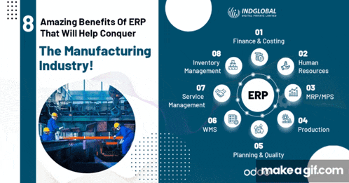 a poster that says ' amazing benefits of erp that will help conquer the manufacturing industry ' on it