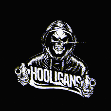 a skeleton in a hoodie holding two guns with the words hooligans written below him