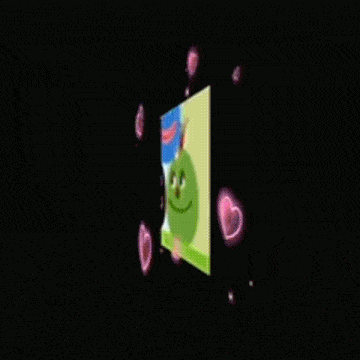 a green cartoon character is surrounded by hearts