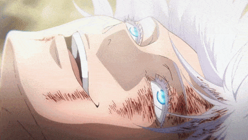 a close up of a person with white hair and blue eyes