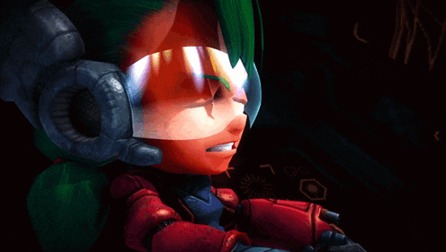 a cartoon character with green hair is wearing a helmet with horns