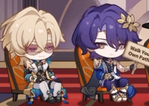 two cartoon characters are sitting next to each other holding a sign that says walk your own path