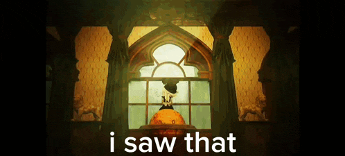 a man in a hat is standing in front of a window with the words `` i saw that '' written below him .