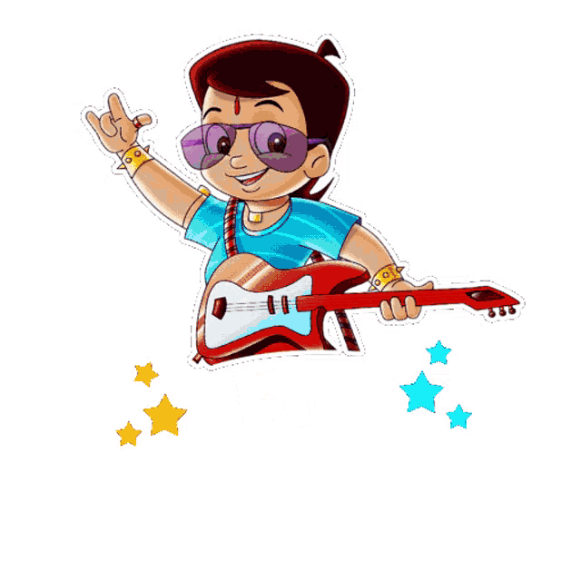 a cartoon of a boy holding a guitar with the words let 's party above him