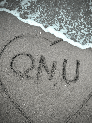qnu is written in the sand on a beach