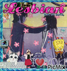 a picture of a lesbian couple with a cat and spongebob on it