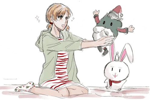 a drawing of a girl playing with a stuffed santa claus and a rabbit