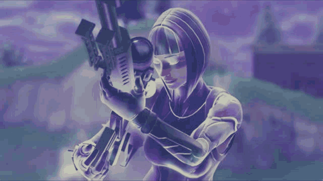 a woman is holding a gun in a purple background