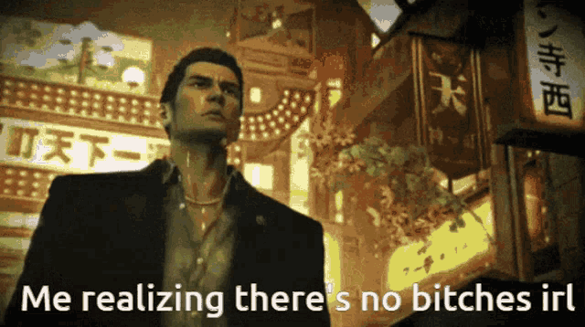 a man in a suit stands in front of a sign that says ' me realizing there 's no bitches '