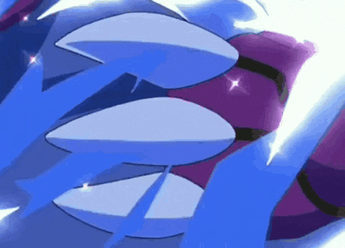 a close up of a cartoon character 's mouth with sharp teeth and a purple and blue background .