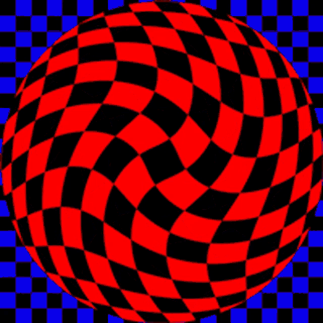a red and black checkered ball on a blue background