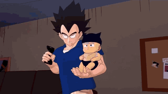 a cartoon of a man holding a baby with the word noooooo on the bottom
