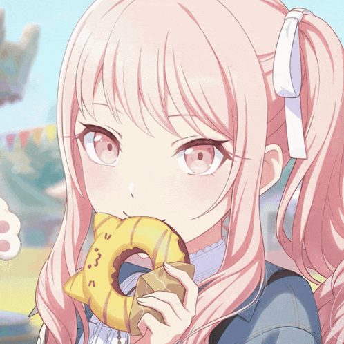 a girl with pink hair is holding a donut in her hand
