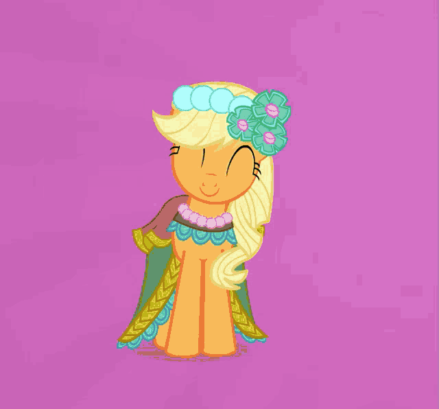 a pony with a flower in her hair is wearing a dress