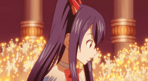 a girl with purple hair is standing in front of a crowd of people