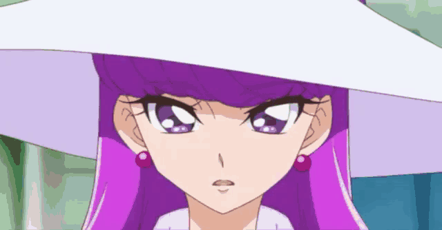a close up of a cartoon character with purple hair wearing a white hat .
