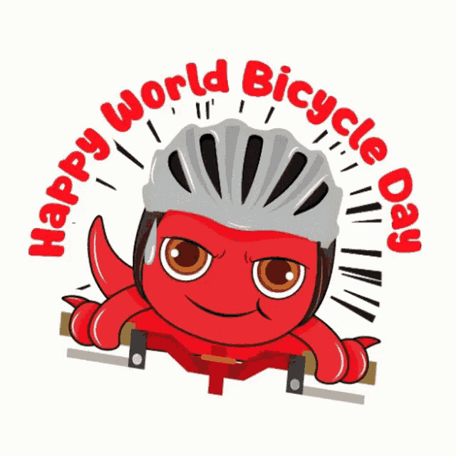 a happy world bicycle day sticker with a red octopus
