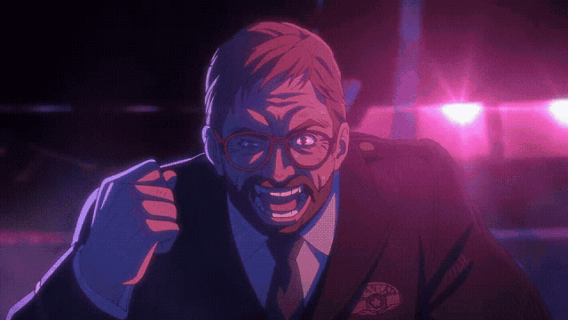 a cartoon of a man with glasses and a badge that says ' police ' on it