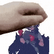 a hand is holding a cartoon character on a white background .