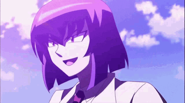 a cartoon character with purple hair and a blue sky behind her