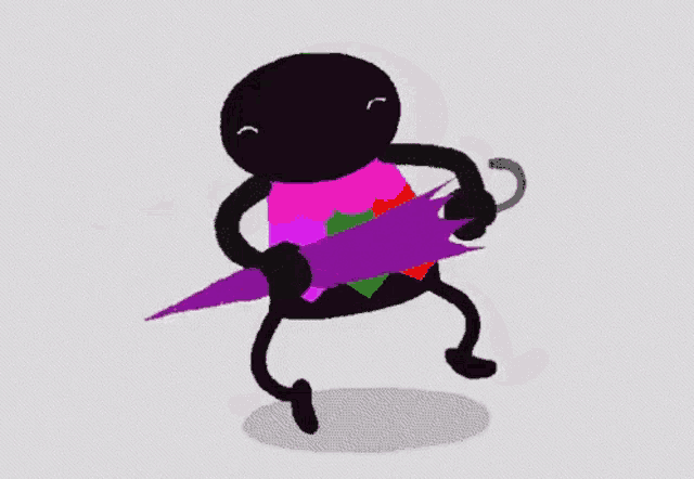 a cartoon character holding a purple umbrella
